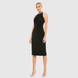 Mac Duggal Black Midi Halter Dress with Embellished Collar